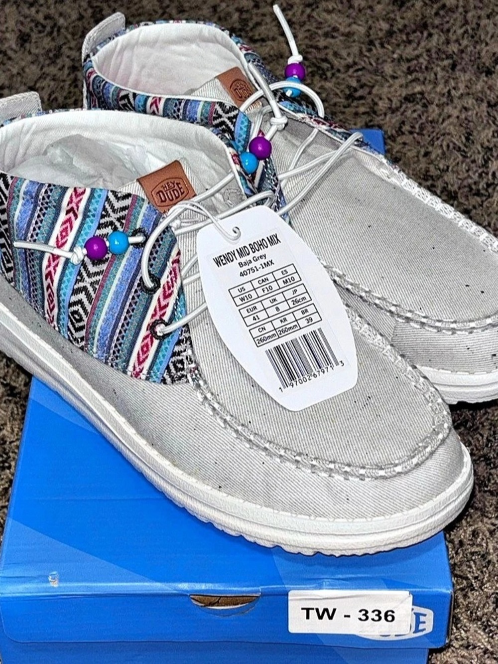 Hey Dude Wendy Mid Boho Mix Baja Grey Canvas Loafers Slip On Women’s Size 10